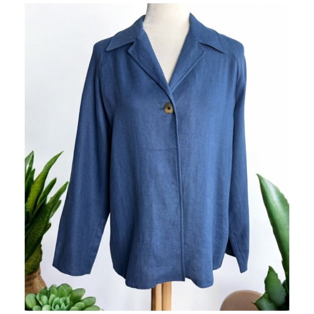Vintage Saks Fifth Avenue 100% Linen Blue 1-Button Blazer Jacket Women's Size S